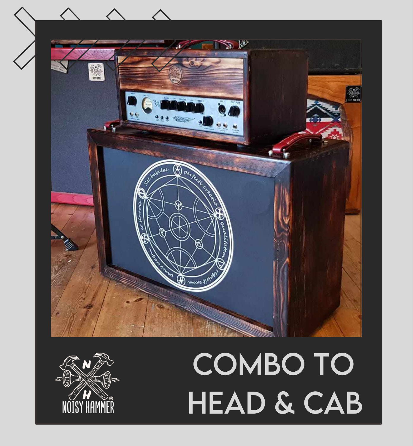 Advertisement for a custom guitar amplifier setup with text and an image of an amplifier.