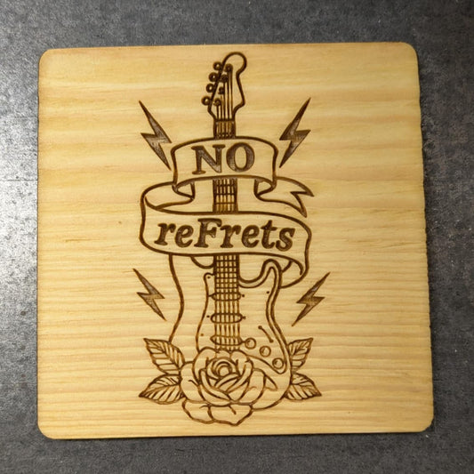 Guitar / Rose Traditional Tattoo Theme Engraved Pine Coaster: 'No reFrets'