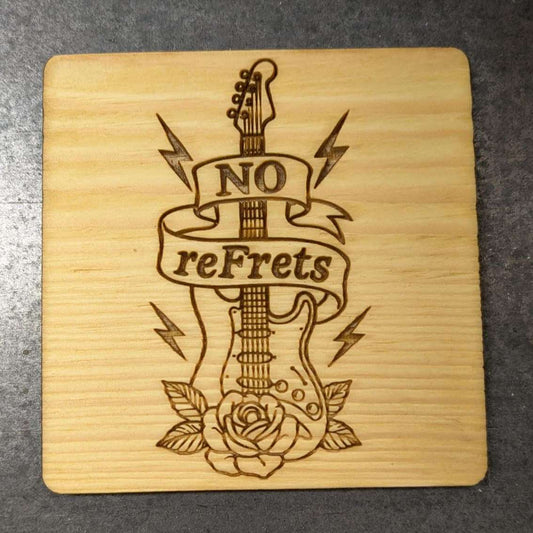 Guitar / Rose Traditional Tattoo Theme Engraved Pine Coaster: 'No reFrets'