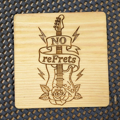 Guitar / Rose Traditional Tattoo Theme Engraved Pine Coaster: 'No reFrets'