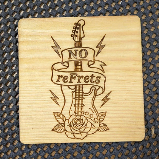Guitar / Rose Traditional Tattoo Theme Engraved Pine Coaster: 'No reFrets'